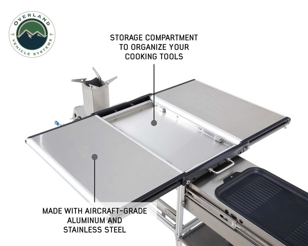 Komodo Camp Kitchen - Dual Grill, Skillet, Folding Shelves, and Rocket Tower - Stainless Steel.