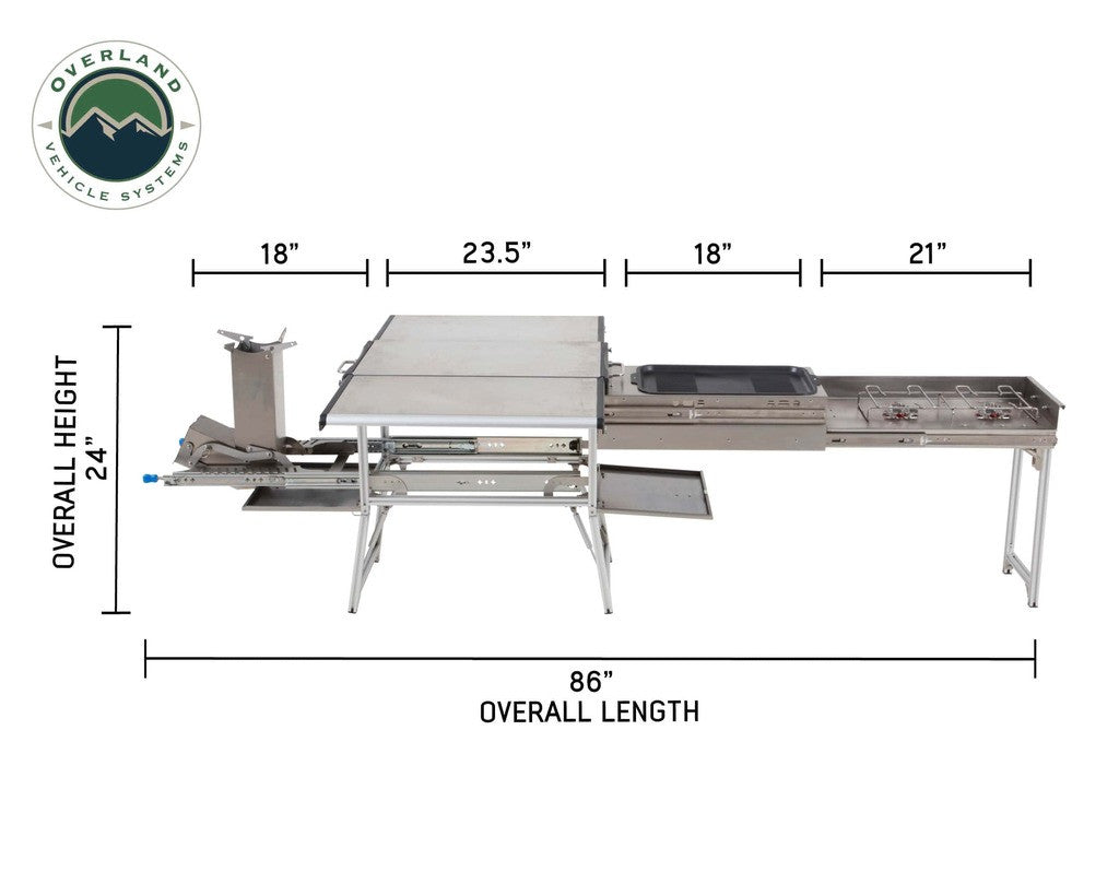 Komodo Camp Kitchen - Dual Grill, Skillet, Folding Shelves, and Rocket Tower - Stainless Steel.