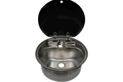 ROUND STAINLESS STEEL SINK WITH GLASS LID.