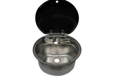 ROUND STAINLESS STEEL SINK WITH GLASS LID.