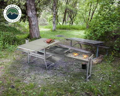 Komodo Camp Kitchen - Dual Grill, Skillet, Folding Shelves, and Rocket Tower - Stainless Steel.