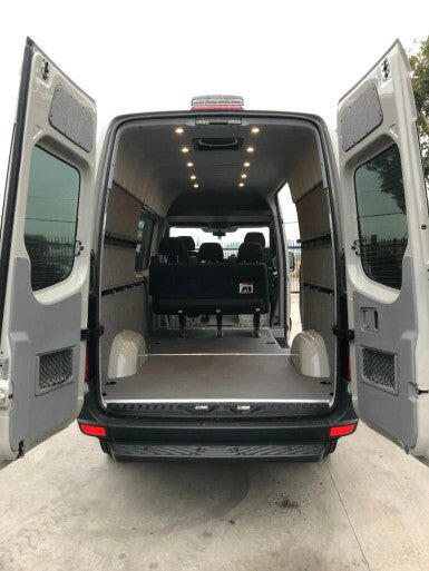 07+SPRINTER VAN REAR DOOR UPPER PANELS, TWEED WRAPPED PLYWOOD.