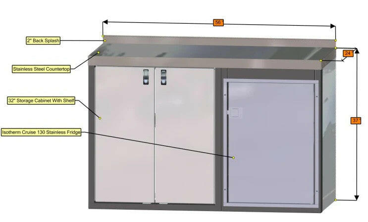 56" GALLEY, STAINLESS COUNTER TOP, W/ ISOTHERM CRUISE 130.