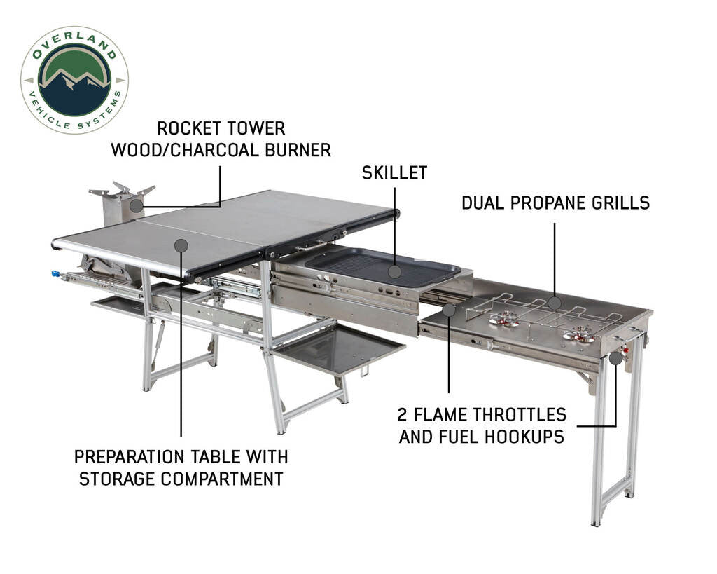 Komodo Camp Kitchen - Dual Grill, Skillet, Folding Shelves, and Rocket Tower - Stainless Steel.