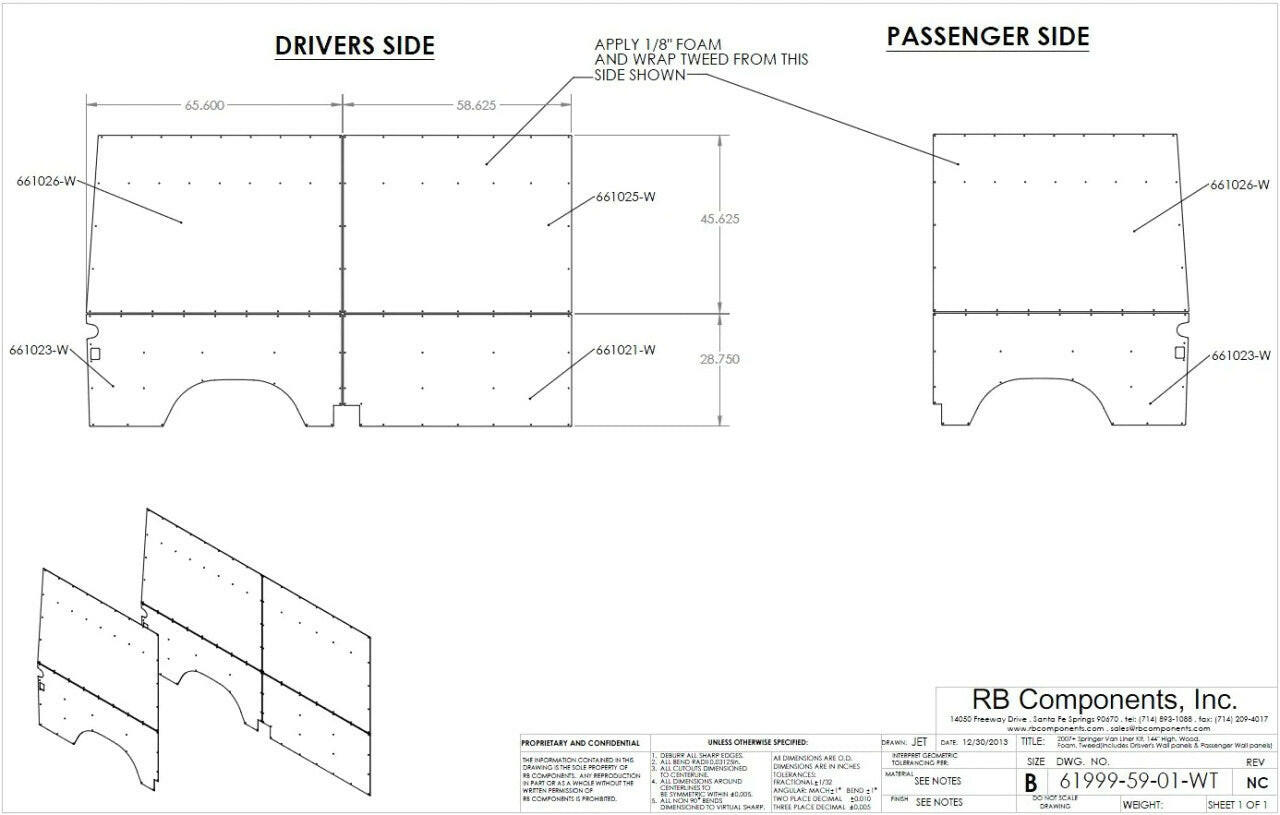 2007-2018 SPRINTER VAN WALL LINER KIT, 170" HR PLYWOOD.