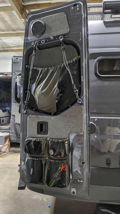 2019+ SPRINTER VAN FABRIC, REAR LOWER DOOR STUFF BAG, MULTI COMPARTMENT.