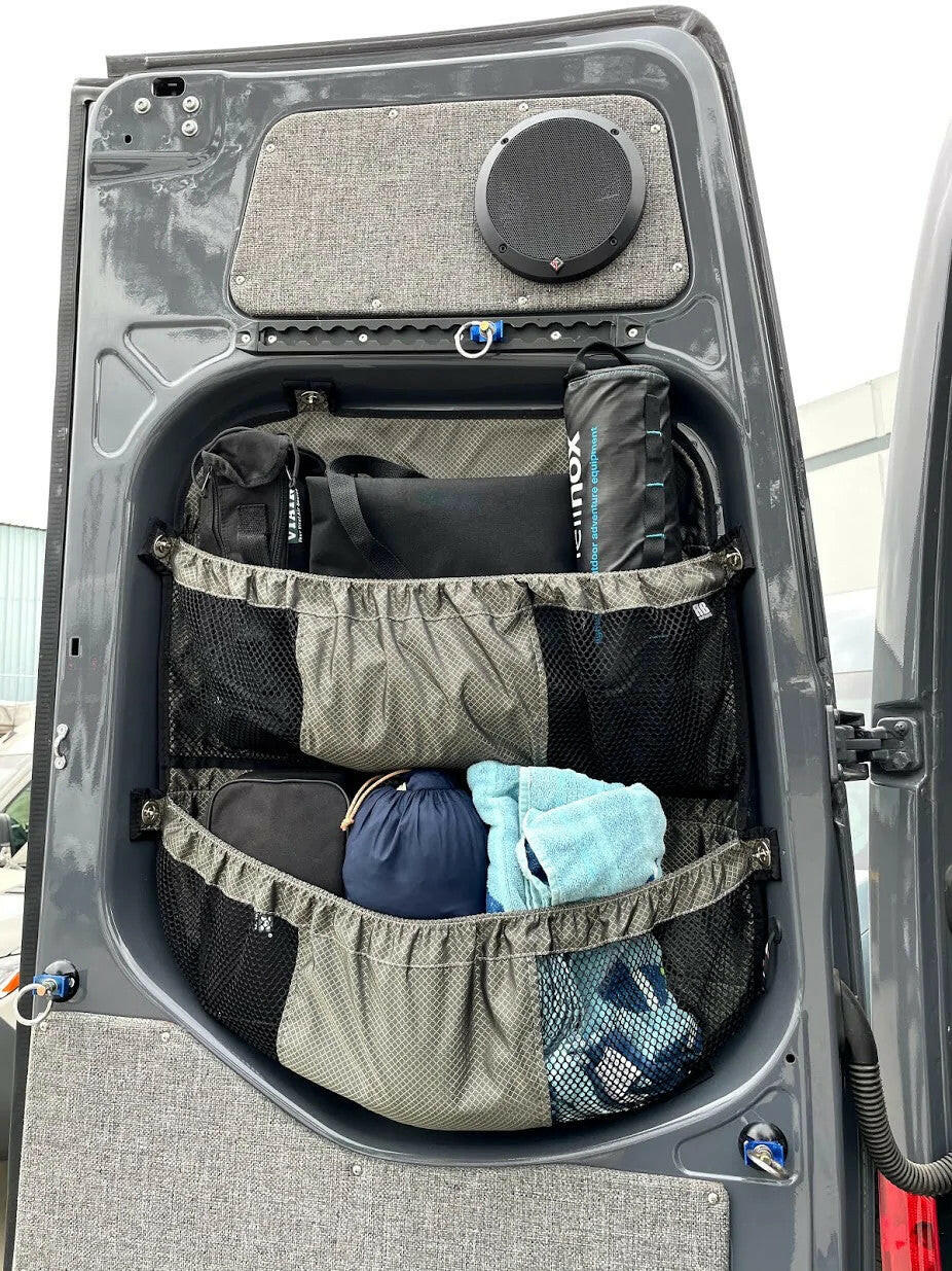 2019+ SPRINTER VAN FABRIC - REAR DOOR WINDOW MULTI COMPARTMENT STUFF BAG.