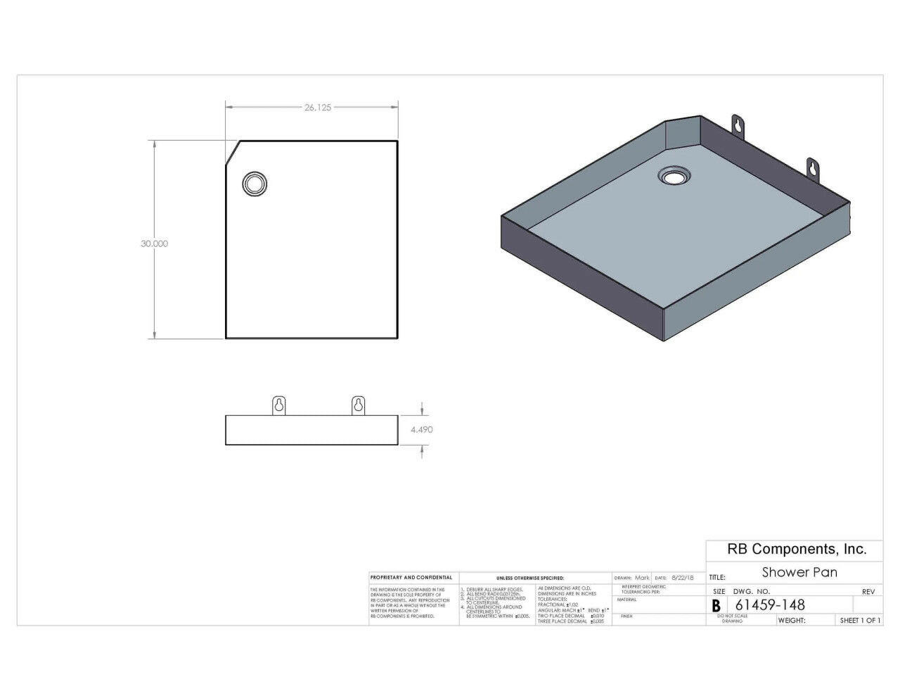 07+ SPRINTER VAN REMOVABLE SHOWER PAN 170"WB.