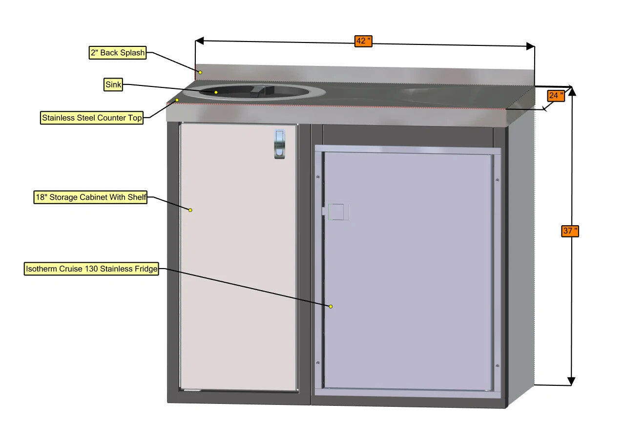 42" GALLEY, STAINLESS COUNTER TOP, SINK, W/ ISOTHERM CRUISE 130 AND CABINET.