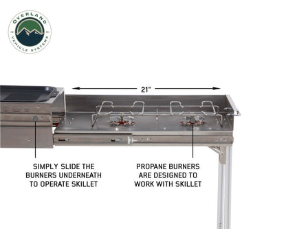 Komodo Camp Kitchen - Dual Grill, Skillet, Folding Shelves, and Rocket Tower - Stainless Steel.