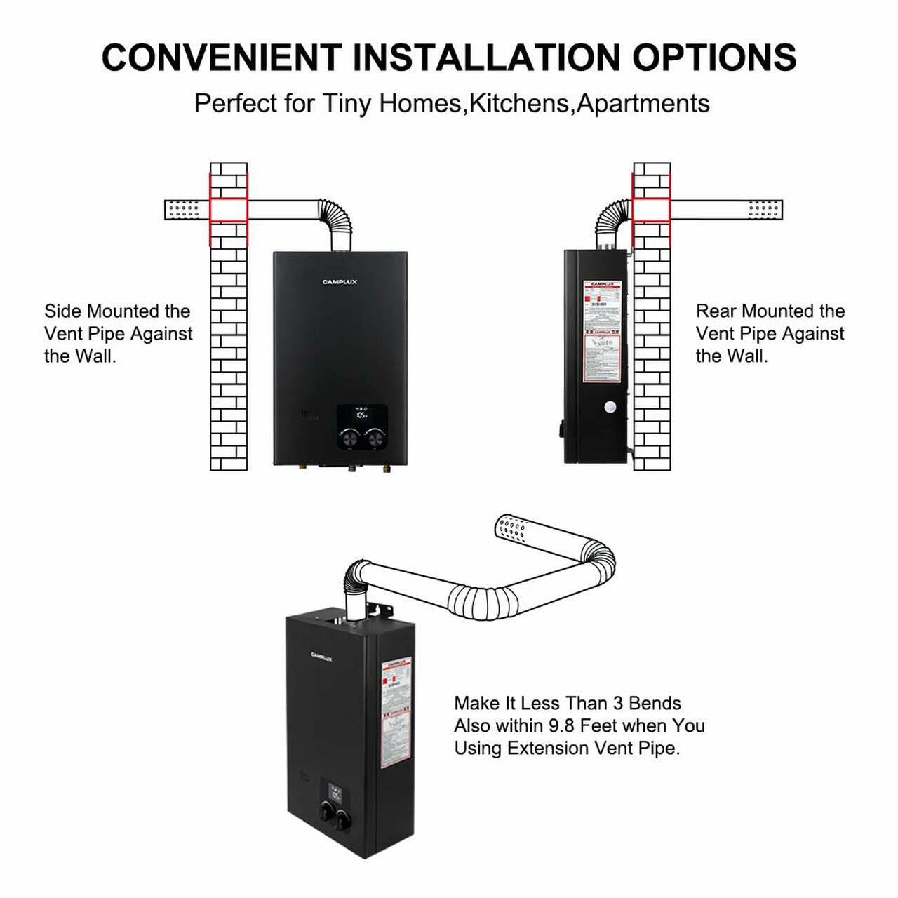 Camplux 10L 2.64 GPM High Capacity Tankless Natural Gas Residential Water Heater - Black.