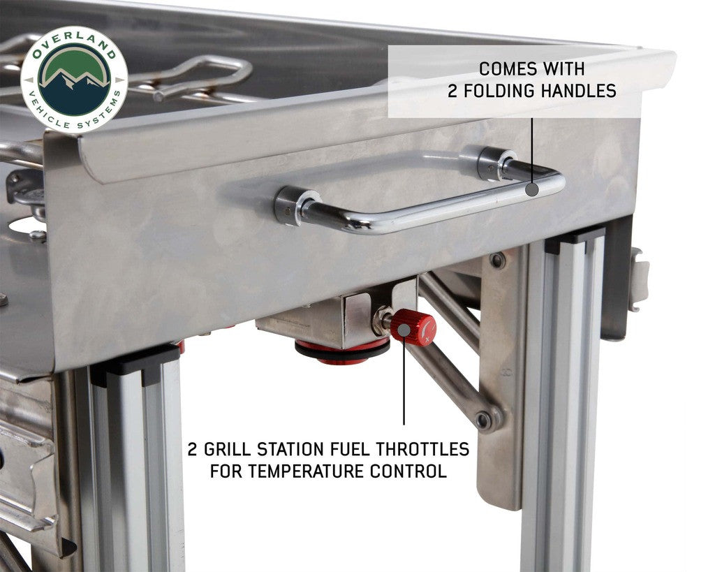 Komodo Camp Kitchen - Dual Grill, Skillet, Folding Shelves, and Rocket Tower - Stainless Steel.